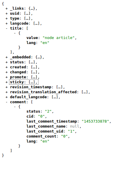 Capture d'écran d'un objet JSON dont les attributs sont ouvrables/fermables et la majorité sont refermés. Ex d'attributs : created, status, sticky...