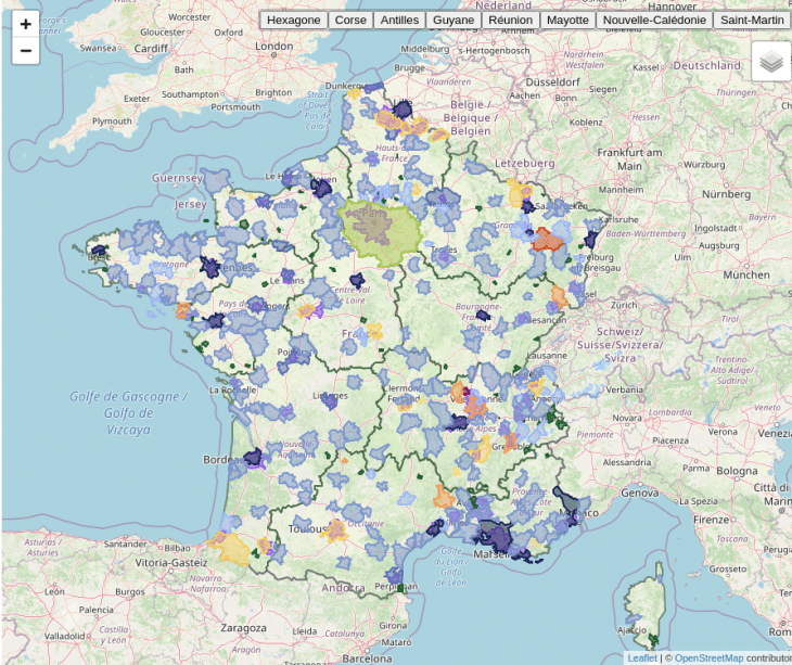 Carte de France métropolitaine mettant en valeur les zones couvertes par des plans de mobilité