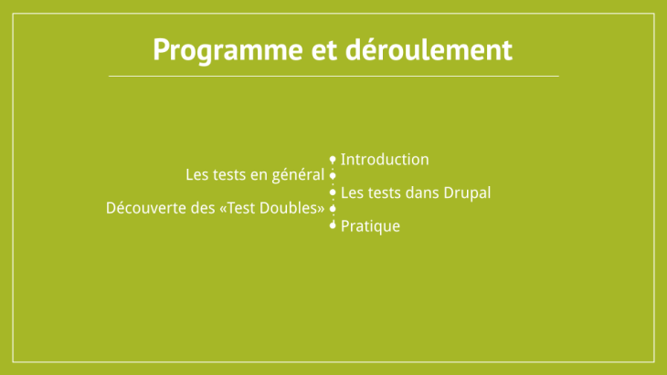 Slide de programme de la formation : Introduction, les tests en général, les tests dans Drupal, découverte des «Test Doubles», pratique